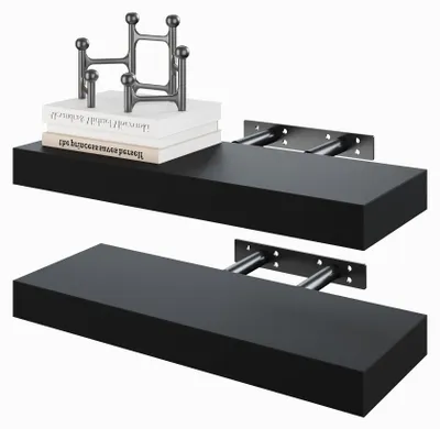 Image de Étagères suspendues, étagères murales noires en bois avec fixations invisibles, lot de 2, étagères suspendues pourReproductioner la chambre, la salle de bains, le salon et la cuisine