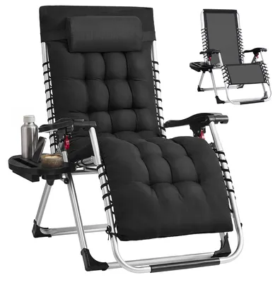 Produktbild von SONGMICS Klappbare Relaxliege mit Stahlrahmen, abnehmbarem Kissen, Liegestuhl für Garten und Balkon, Tasche, Tablett, schwarz