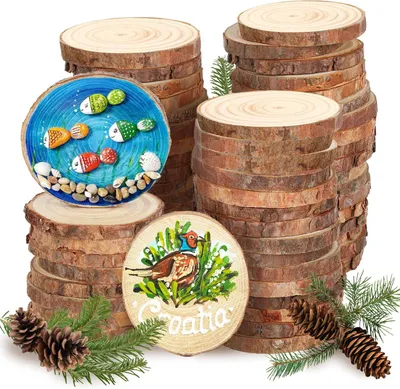 Productafbeelding van Houten schijven - Set van 60 - 5-6 cm diameter - 5 mm dikke boomschijven - Onafgewerkte houten schijven om te knutselen