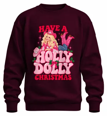 Imagen del producto de Sudadera tipo pullover con estampado "Have A Holly Dolly Christmas", diseño de cowgirl country, color burdeos, talla L