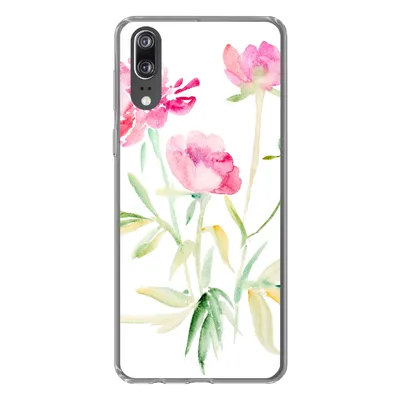 Produktbild von MuchoWow® Handyhülle Schutzhülle Hülle für Huawei P20 Blumen - Aquarell - Rosa Silikon Softcase Handy Hülle - Hardcover