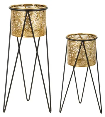 Imagen del producto de Juego de soportes para macetas de metal, diseño de hojas, 46 cm y 32 cm, color y dorado, marca Mauro Ferretti, modelo Drak