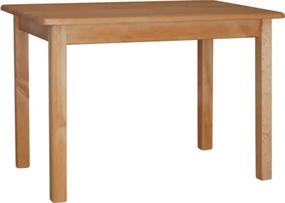 A simple wooden table with four legs on a white background.