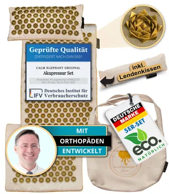 Produktbild von CALM ELEPHANT ORIGINAL Akupressurmatte XXL Set für Einsteiger + Lendenkissen: GENUINE 5-teilig, lindert Verspannungen, Rückenschmerzen, Stress - beige