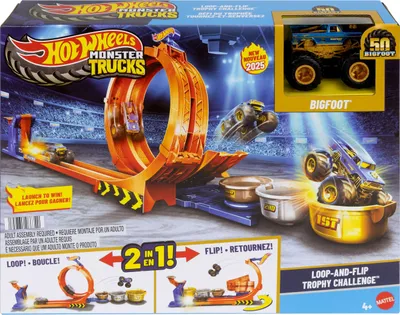 Produktbild von Mattel Hot Wheels Monster Trucks Loop & Flip Trophy Challenge-Spielset und Die-Cast-Bigfoot Spielzeugtruck