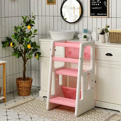 Produktbild von COSTWAY Kinderhocker Tritthocker Lernturm Kinder-Küchenhocker mit doppelten Sicherheitshandläufen 3 verstellbaren Höhen & rutschfesten Füßen für Arbeitsplatte & Badezimmer