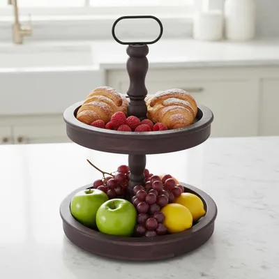 Zdjęcie produktu dla Mucola Etagere 2 Tier Serving Plate Stojak do serwowania Etagere Stojak na owoce Miska na ciasto Vintage Stojak na ciasto - BrownWood