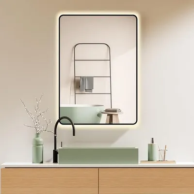 Produktbild von Badspiegel 60x80 cm / 80x60 cm Arkansas mit Schwarzer Metallrahmen, HOCH+QUER Montage. Touch Schalter+Licht Wechsel Warmweiß-Kaltweiß-tral, Farbtemperatur 2700-6500K