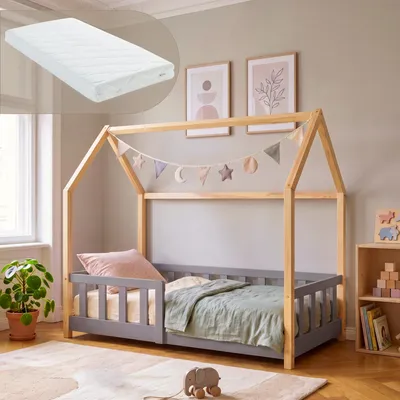 Obrázek produktu pro Dětská postel "Hesel" s matrací a bočními zábranami, rozměry 70 x 140 cm, materiál: borovice, barva: šedá/přírodní