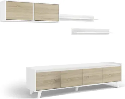Produktbild von Einbaufertige Wand Dless, TV-Ständer für Wohnzimmer, Wohnzimmerkomposition mit Wohnwand und Regal, 200x50h41 cm, Weiß und Eiche