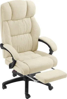 A beige office chair with a footrest is shown against a white background.