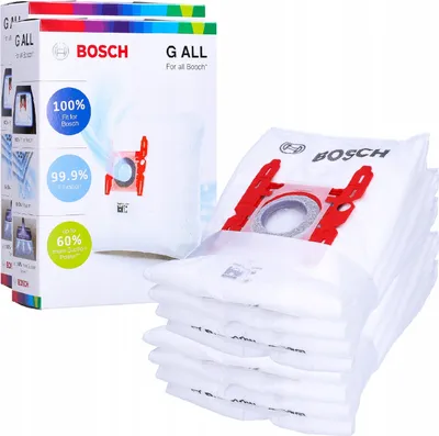A stack of Bosch vacuum cleaner bags next to their packaging.