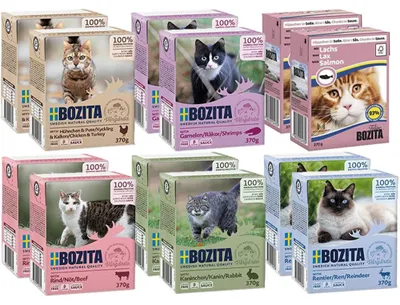 Zdjęcie produktu dla MOKRA KARMA DLA KOTA BOZITA Mięsne kawałki w sosie MIX SMAKÓW 12x370g
