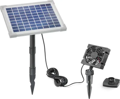 A solar-powered fan system with a solar panel and a fan unit, both mounted on stakes.