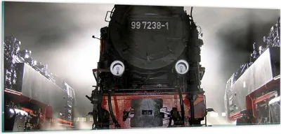 Produktbild von Bilder auf glas - Dampflokomotive Gleise Nebel - 100x40cm - Glasbilder - Wandbilder - Kunstdruck - zum Aufhängen bereit - Wanddekoration aus Glas - Glas Bilder - Wandbild auf Glas - GAB100x40-0281