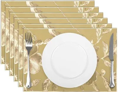 Imagen del producto de Uniqoos®: Juego de 6 individuales rectangulares dorados de PVC, antideslizantes, lavables y resistentes a las manchas, para una elegante decoración de la mesa