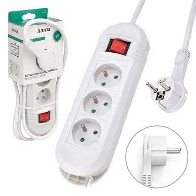 Immagine prodotto di Presa multipla, 3 prese, con interruttore, montaggio a parete, 3 m, bianca
