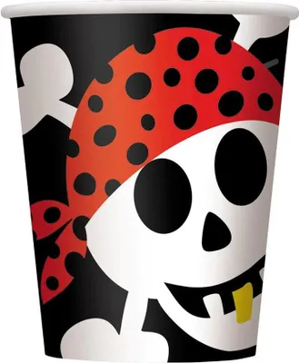 Produktbild von Unique Party - Party-Becher "Pirate Fun" 8er-Pack - Papier SG29581 (Einheitsgröße) (Schwarz/Weiß/Rot)