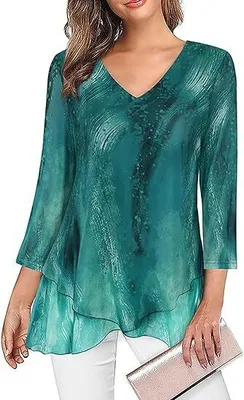 Produktbild von Damen Asymmetrische Saum Mesh Bluse 3/4 Arm Tunika Oberteil Leichtes semi-transparentes Hemd