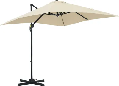 Image de Outsunny Parasol déporté carré inclinable manivelle avec pied en acier dim. 2,5L x 2,5l m alu. polyester haute densité crème