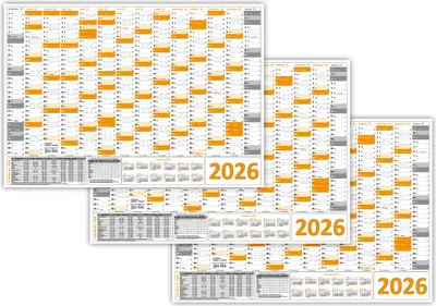 Produktbild von 3 Stück XL Wandkalender Wandplaner 2026 orange (gerollt) DIN A1 Format (594 x 841 mm) 14 Monate komplette Jahresvorschau Folgejahr und Ferientermine Feiertage aller Bundesländer