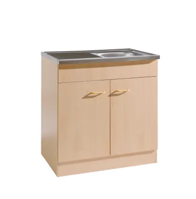 A kitchen sink cabinet with a stainless steel sink on top, shown against a white background.