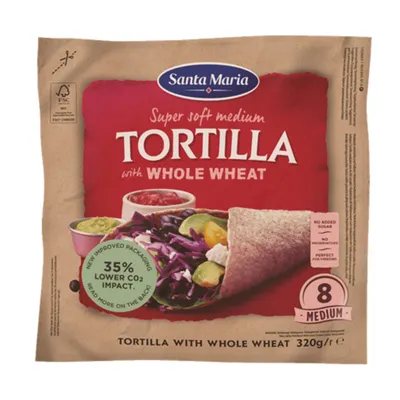 Packaging for Santa Maria Whole Wheat Tortillas.