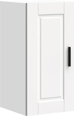 A white kitchen wall cabinet with a black handle, shown from a diagonal angle.