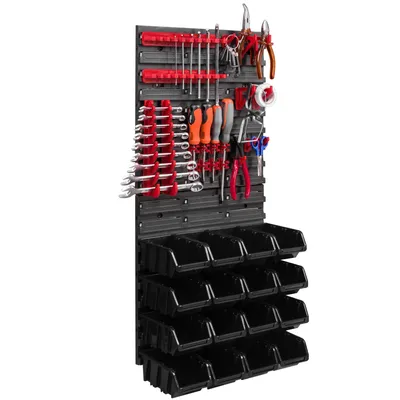 Obrázek produktu pro 16 stohovacích boxů Nástěnné držáky na nářadí Dílenská police Nástěnná police na nářadí 39x78cm Skladovací systém Držáky na nářadí Hromadný skladovací regál Vizuální úložné boxy Extra silné nástěnné panely Police Rozšiřitelná dílenská police Skladování Re