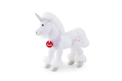 A white unicorn plush toy is shown against a white background.