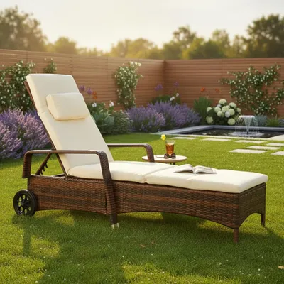 A rattan chaise lounge chair with a cream cushion is set up on a green lawn in a backyard garden, next to a small water feature and surrounded by flowers and a wooden fence.