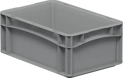 A gray plastic storage box is shown from a slightly elevated diagonal angle against a white background.