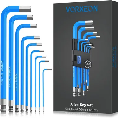 Immagine prodotto di Set di chiavi a Esagono esagonali interne, 9 pezzi, da 1,5 a 10 mm, con testa a sfera, supporto a baionetta, codifica a colori, acciaio Cr-V e S2, colore blu
