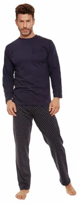 Produktbild von Moonline nightwear Herren langarm Schlafanzug, XXL, Dunkelblau mit Alloverdruck