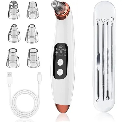 Obrázek produktu pro Elektrický přístroj na čištění pórů, odstraňovač černých teček, vysavač na póry, čistič pleti s LED displejem, 6 nástavců a 3 režimy (bílá barva), vhodný pro všechny