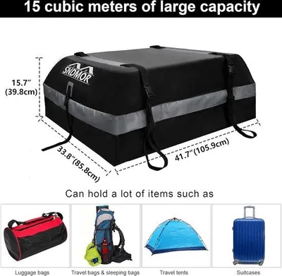 Produktbild von Gepolijste Stahl-Dachbox, 425L/15 Kubikfuß, wasserdicht, für alle Fahrzeuge, mit/ohne Dachträger, inklusive Antislip-Matten + 4 Verstärkungsriemen + 6 Türhaken, grau