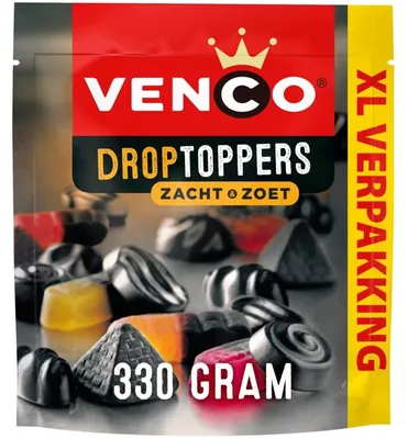 Produktbild von Venco Droptoppers Zacht & Zoet XL Lakritzbonbons 340g – Weiche süße Lakritzbonbons