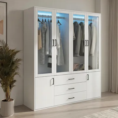 Produktbild von Kleiderschrank 160cm mit 4 Glastüren LED Beleuchtung Farbwechsel 3 Schubladen Stauraum