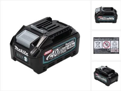 A Makita BL4040 XGT 40V 4.0Ah Li-Ion battery pack is shown from multiple angles, with a close-up of the main battery and smaller inset images of the battery and its label.