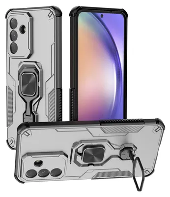 Productafbeelding van MobyDefend Hoesje - Geschikt voor Samsung Galaxy A57 - Dubbelgelaagde Pantsercase Met Standaard - Zilvergrijs