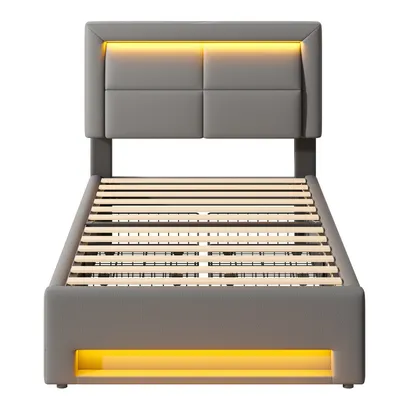 Produktbild von Flieks Polsterbett 90x200cm mit USB, Stauraumbett Einzelbett mit Lattenrost und 4 Schubladen, Jugendbett mit LED, Holzbett Funktionsbett, PU, Grau