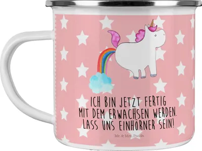 Produktbild von Mr. & Mrs. Panda Emaille Becher Einhorn Pupsen - Rot Pastell - Geschenk, Teetasse, Blechtasse, Tasse, Unicorn, Regenbogen, Pott, Spaß, Lustig, Freundin, Kaffeepott