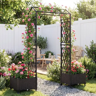 Image de Jardinière COSTWAY, arche à roses 2 en 1 avec treillis, toit suspendu, espalier et 2 bacs à plantes, arche de jardin sur roulettes, métal et rotin PP, marron