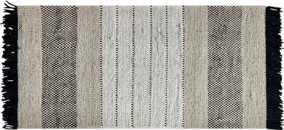 Produktbild von BELIANI Teppich Beige / Schwarz Wolle 80 x 150 cm Rechteckig Handgewebt Streifenmuster Kurzflor Läufer mit Fransen Boho Wohnzimmer Schlafzimmer Flur