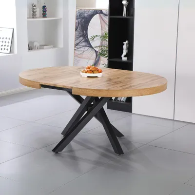 Immagine prodotto di Tavolo rotondo allungabile Raven con piano rovere e gambe shangai nero 120x120x75H
