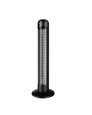 A black tower heater with a metallic grill is shown against a white background.