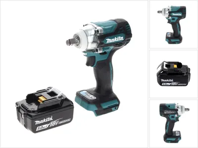 A cordless impact wrench and its battery are displayed against a white background, with smaller inset images showing different angles of the tool.
