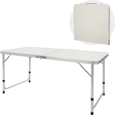 Produktbild von ECD Germany Skladací kempingový stôl s rukoväťou na prenášanie, 120x60x55/63/70 cm, biely/krémový, z hliníka a MDF, výškovo nastaviteľný, skladací