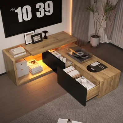 Obrázek produktu pro okwish Modulární TV skříň Lowboard s pohyblivým modulem, televizní skříň s LED osvětlením a dvěma zásuvkami, TV Kuchyňská skříň s volně umístitelnou pravou skříní, Přírodní