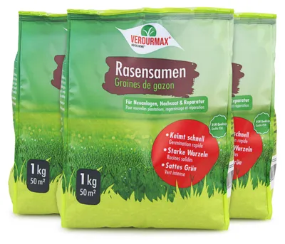 Produktbild von 3x1 kg VERDURMAX® Rasensamen schnellkeimend in RSM Qualität, Grassamen ideal für Neuansaat